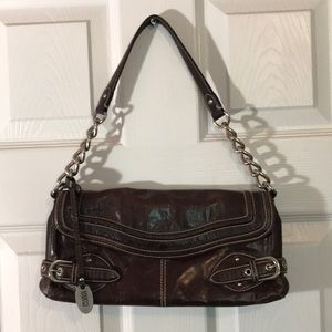 Franco Sarto Brown Patent Leather East West Small Flap Shoulder Bag Chain Strap